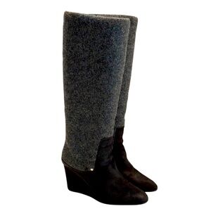 Designer Christian Dior CD Gray Suede &‎ Wool Tall Knee High Wedge Boots